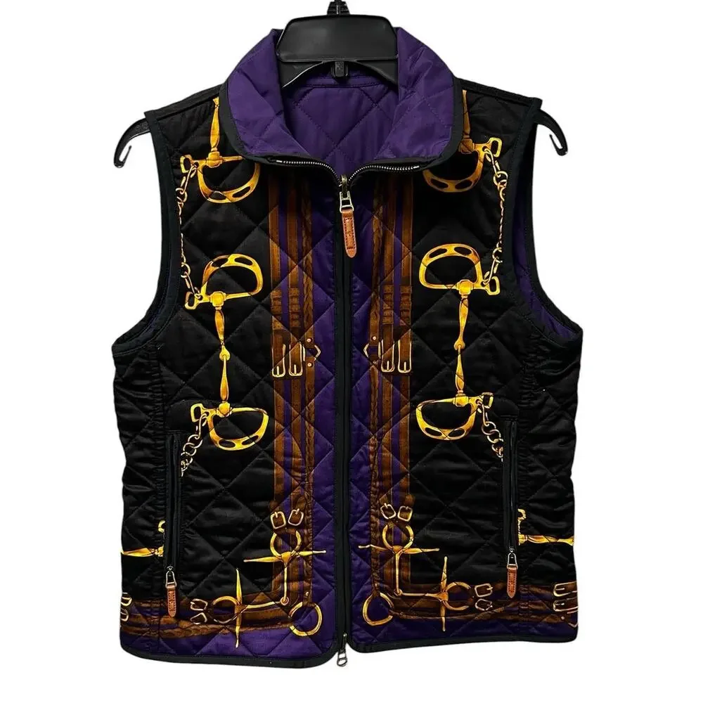 Lauren Ralph Lauren Black Purple Equine Reversible Quilted Zip Up Vest Small